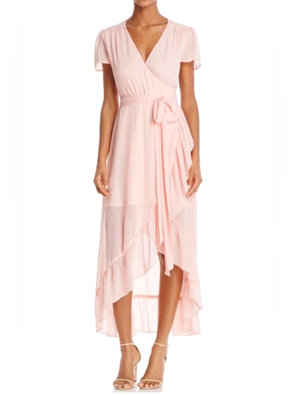 WAYF Pink Crepe Ruffled Wrap Midi Dress | M